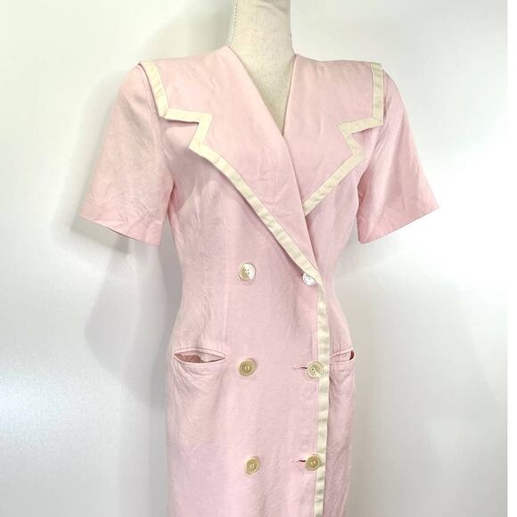 Vintage 90s Statement Lapel Midi Dress Pink Charter Club Linen Blend Secretary - Picture 2 of 7